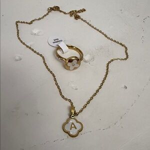 Stainless Steel Gold and White Initial 'A' Pendant Necklace and Ring Set